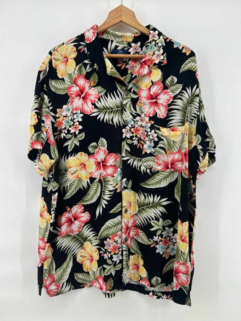 George Hawaiian Shirt Mens XL Floral Tropical Rayon Black Button Up Beach Resort